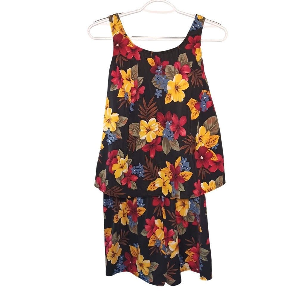 Tropical Floral Tankini Swimsuit Set Black Hibiscus Top Shorts Tropical Beach 14